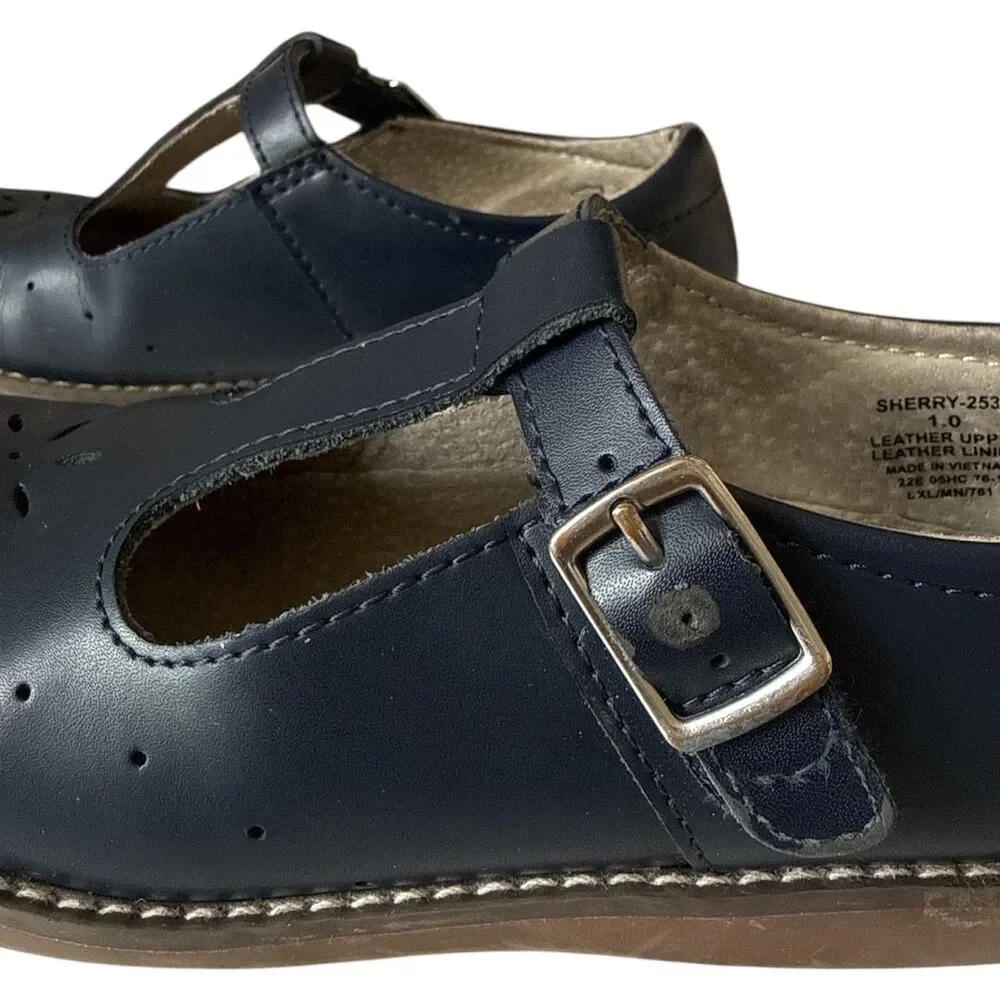 FOOTMATES Girls Size 1M / 1W Leather Shoes Mary Jane Navy Blue Wide Shoe Sherry